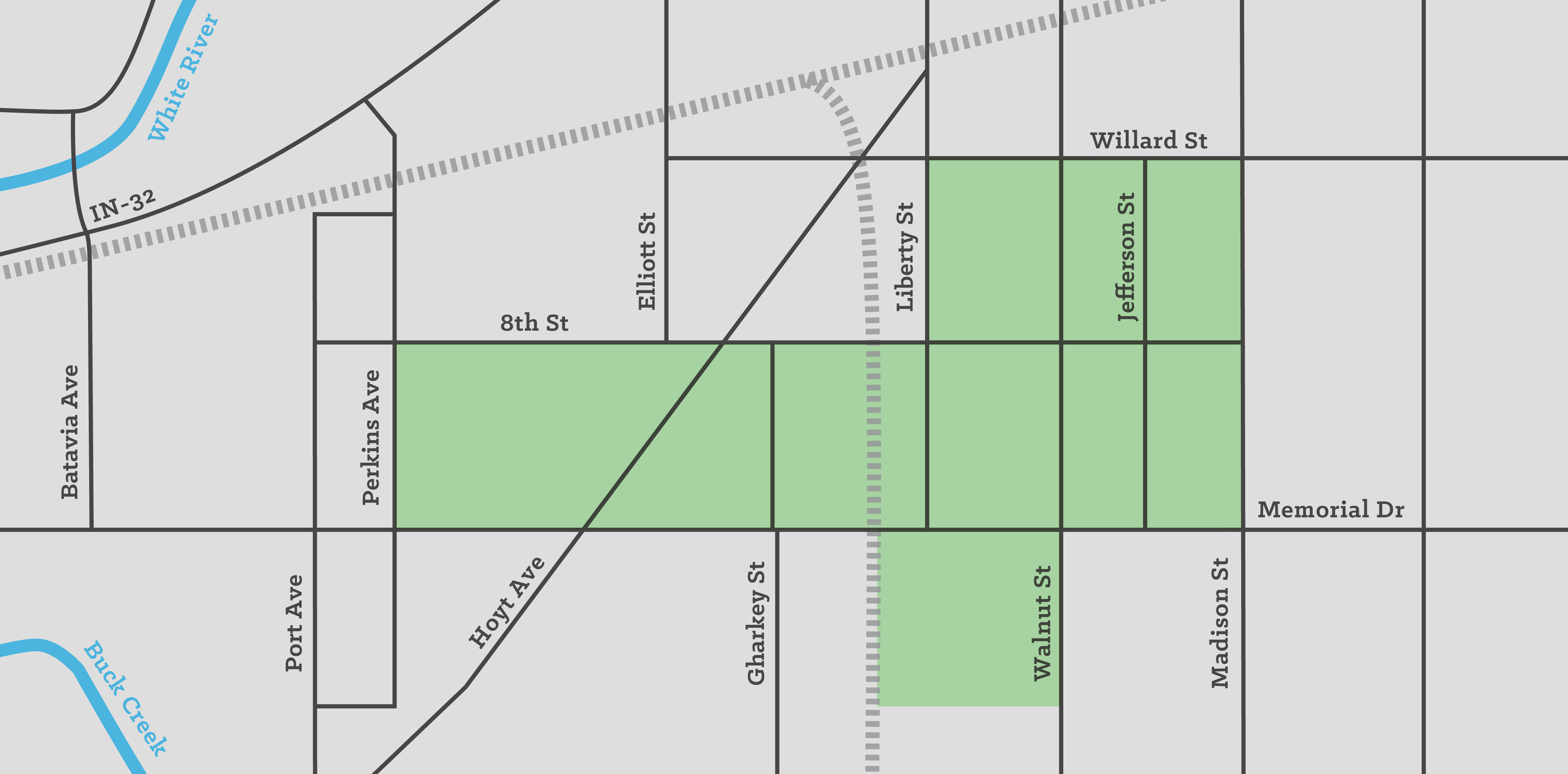 A map of the 8twelve area, detailing major roads, railways, and rivers as well as the 8twelve target area.